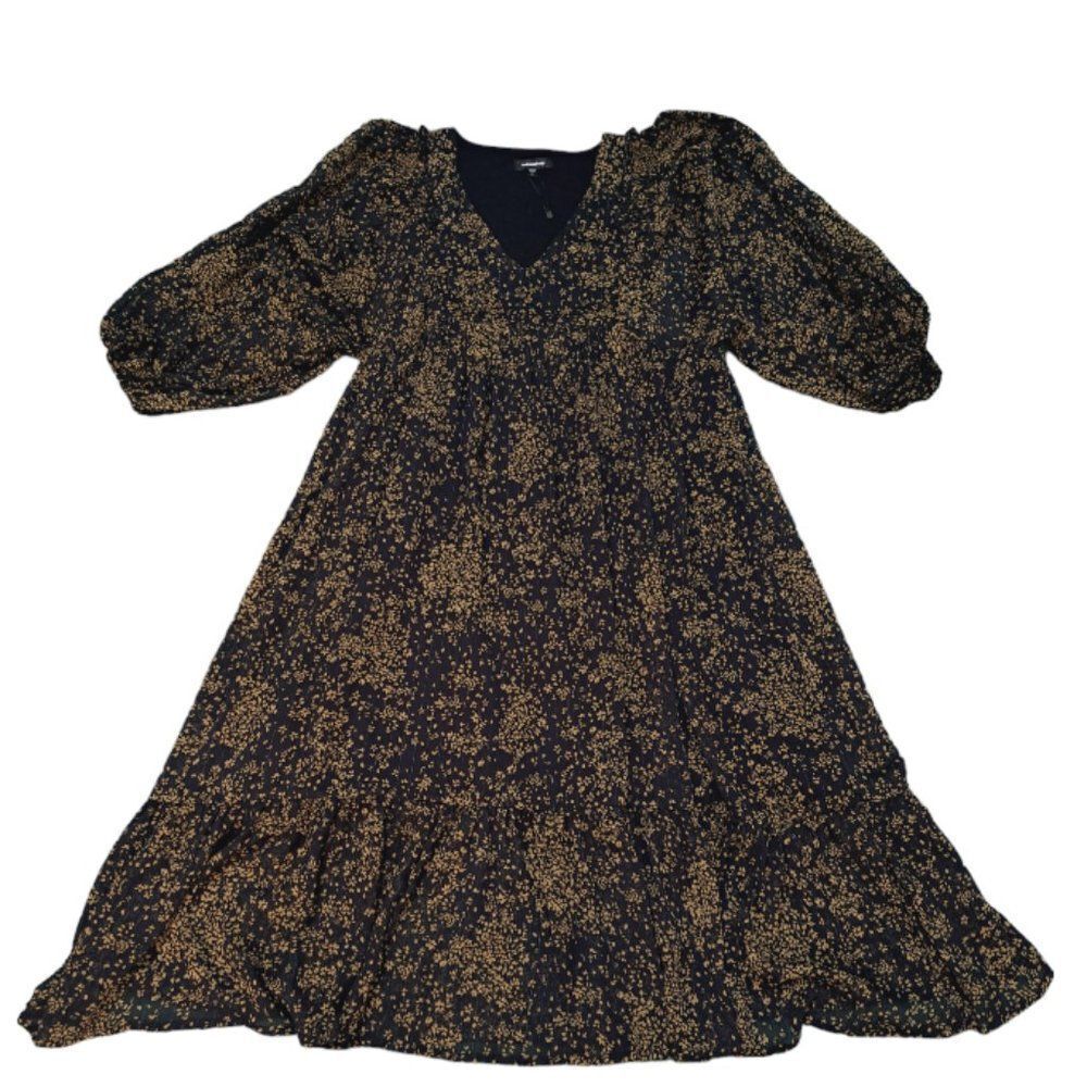 Mittoshop Dark Floral Midi Tiered Dress Balloon Sleeves Shimmer Gold Dark Small - Picture 2 of 9